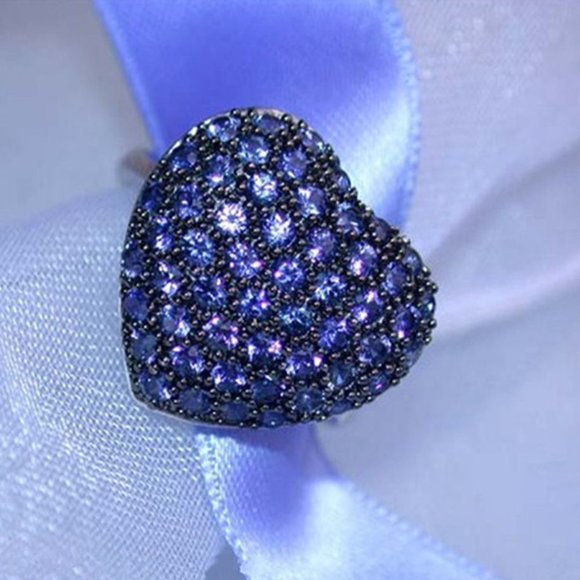 💝 Sweet Large Heart Royal Blue Crystal CZ Beautiful Silver Rings Women, PD736 - Picture 3 of 6